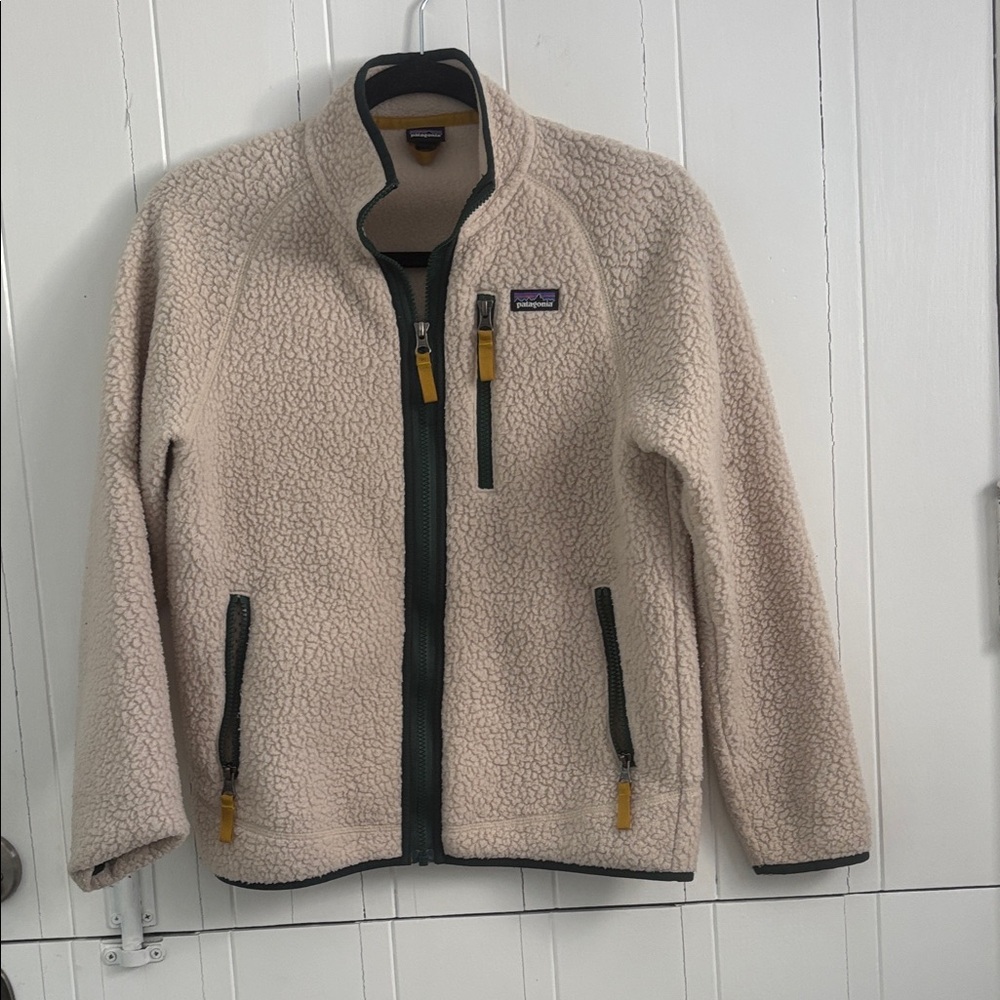 Patagonia Boys Beige Fleece Jacket with Dark Green Trim